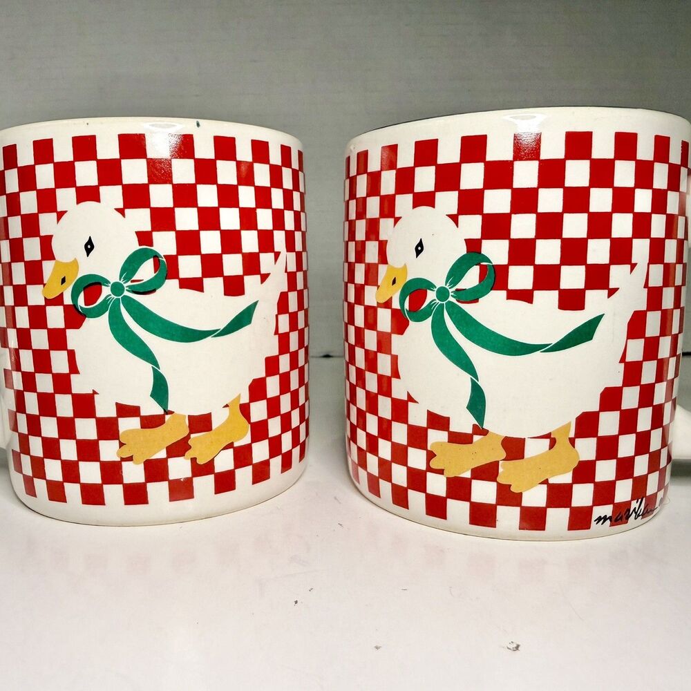 VTG Goose Coffee Mug Red White Checkered Farmhouse Cottagecore Choose Qty